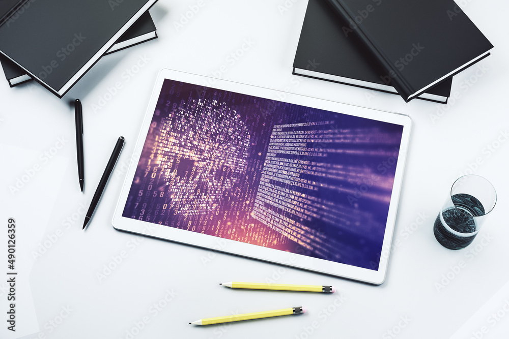 Leinwandbilder creative code skull hologram on modern digital tablet display, cybercrime and hacking concept. top v