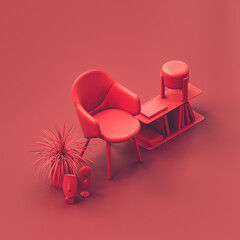 Obraz premium Isometric single chair in a red room. Monochrome single red color chair in livingroom with plant, floor lamp and side table. 3d Rendering
