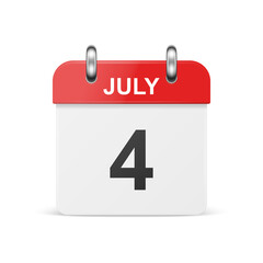 Vector 3d Realistic Independence Day Classic Simple Minimalistic Calendar Icon. July 4th. Design Template of Independence Day, 4th of July, Card, Banner, Wall Calendar, Background
