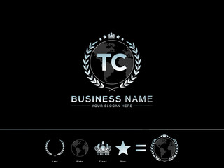 TC Letter Design, Elegant Initial Letter tc with Modern circle Leaf Globe Royal Crown and Star Logo Image - obrazy, fototapety, plakaty