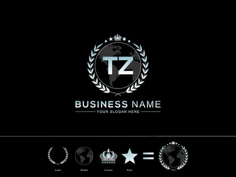 TZ Letter Design, Elegant Initial Letter tz with Modern circle Leaf Globe Royal Crown and Star Logo Image