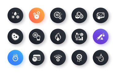 Minimal set of Flammable fuel, Skin condition and Vaccine attention flat icons for web development. Employees wealth, Time, Computer mouse icons. 5g wifi, Calendar time, Weather web elements. Vector