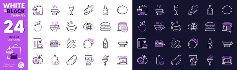 Whiskey bottle, Acorn and Refill water line icons for website, printing. Collection of Sunflower seed, Corn, Market icons. Apple, Water bottle, Macadamia nut web elements. Fast food. Vector