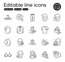 Fototapeta premium Set of Beauty outline icons. Contains icons as Pants, No sun and Healthy face elements. Collagen skin, Face cream, Uv protection web signs. Vitamin e, Bra, Skin condition elements. Vector
