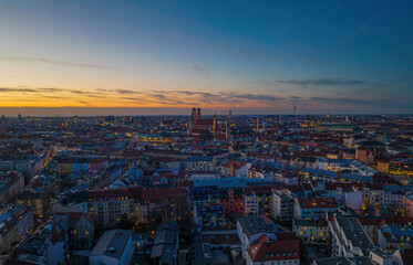 Fototapeta premium Aerial view of Munich with Frauenkirche and St. Peter's church in the center. Munich, Germany
