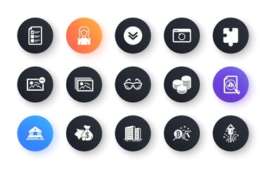 Minimal set of Analytics graph, Buildings and Tips flat icons for web development. Recovery internet, Piggy bank, Court building icons. Eyeglasses, Image gallery, Voting ballot web elements. Vector