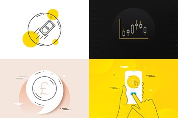 Minimal set of Fast payment, Pie chart and Pound money line icons. Phone screen, Quote banners. Candlestick graph icons. For web development. Finance transfer, Presentation graph, Currency. Vector