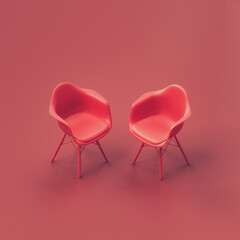 Isometric two chairs in a red room. Monochrome single red color chairs in empty red background. 3d Rendering