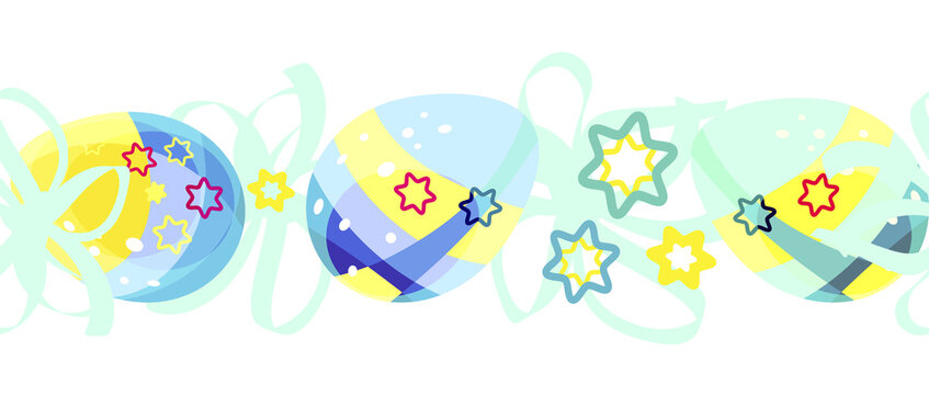 Curbs. Easter egg patterns. Seamless wreath of Easter multicolored eggs and bows. Bright cartoon picture. For the church celebration of the consecration of eggs and talking. Printing on fabric © Irina