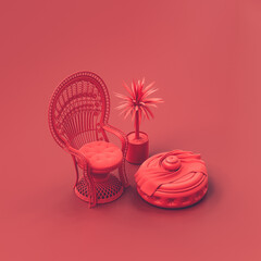 Isometric single chair in a red room. Monochrome single red color chair in livingroom with plant and side table. 3d Rendering