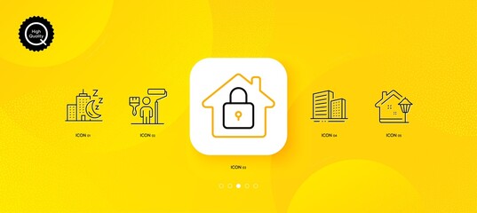 Fototapeta na wymiar Street light, Lock and Painter minimal line icons. Yellow abstract background. Night city, Buildings icons. For web, application, printing. Outdoor illuminate, House protection, Paint brush. Vector