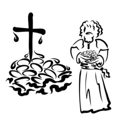 Judas Iscariot with thirty pieces of silver, cross with the blood of Christ on the hill of betrayal, black outline