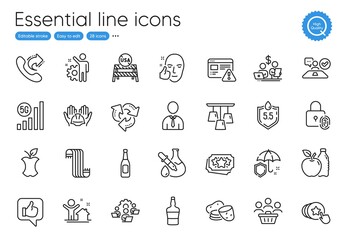 Ph neutral, Share call and Like line icons. Collection of New house, Job interview, Budget accounting icons. Umbrella, Organic waste, Human web elements. Healthy face, Ceiling lamp, Beer. Vector