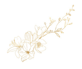 Watercolor gold linear bouquet of lotus, magnolia, rose, ranunculus and lily. Hand painted meadow flowers and leaves isolated on white background. Floral illustration for design, print or background.