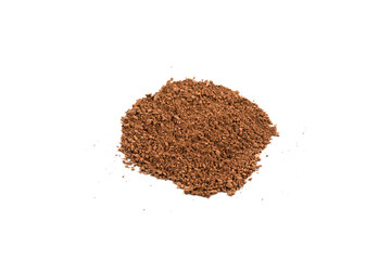 Makeup cosmetics. Eyeshadow in brown color crushed palette, colorful eye shadow powder on white background