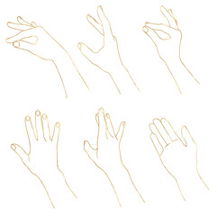 Watercolor linear gold set of hands poses. Hand painted abstract fingers shapes isolated on white background. Minimalistic gold linear illustration for design, print, fabric or background.