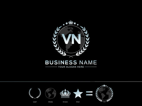 Abstract VN Logo Image, Premium letter vn logo design Simple circle Leaf Globe Royal Crown and Star Logo Icon vector stock