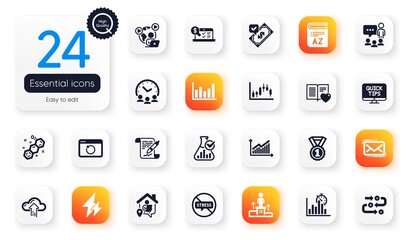 Set of Education flat icons. Web tutorials, Video conference and Graph elements for web application. Vocabulary, Best rank, Candlestick graph icons. Online accounting, Chemical formula. Vector