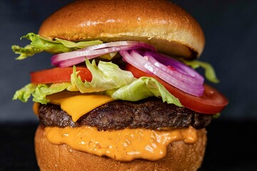 CHEESBURGER  FAST FOOD ON BLACK BACKGROUND.
HOMEMADE SANDWICH