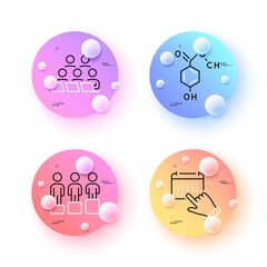 Chemical formula, Teamwork and Equity minimal line icons. 3d spheres or balls buttons. Event click icons. For web, application, printing. Chemistry, Remote work, Social equality. Vector