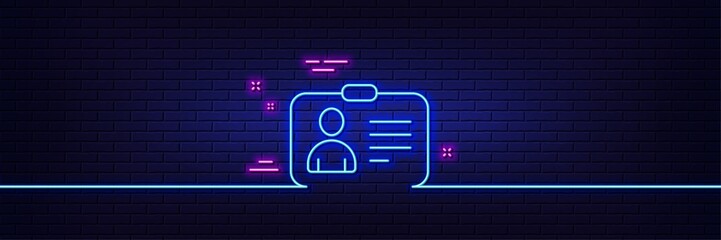 Neon light glow effect. ID card line icon. User Profile sign. Person silhouette symbol. Identification plastic card. 3d line neon glow icon. Brick wall banner. ID card outline. Vector