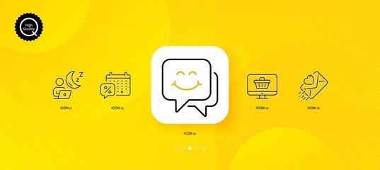Fototapeta na wymiar Smile face, Shift and Web shop minimal line icons. Yellow abstract background. Love letter, Discounts calendar icons. For web, application, printing. Chat, Night office, Shopping cart. Heart. Vector