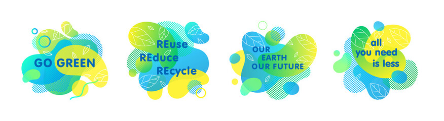Set of bio,eco,organic,natural stickers,patches,logos with green gradient shapes.Fluid compositions for Earth Day,zero waste,prints,labels,flyers,banners design.Eco friendly lifestyle concepts.