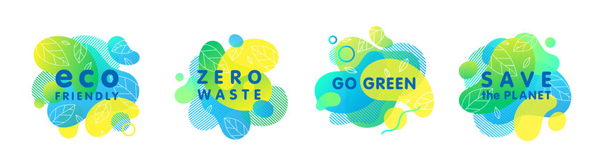 Set of bio,eco,organic,natural stickers,patches,logos with green gradient shapes.Fluid compositions for Earth Day,zero waste,prints,labels,flyers,banners design.Eco friendly lifestyle concepts.