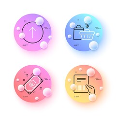 Parcel invoice, Euro money and Swipe up minimal line icons. 3d spheres or balls buttons. Sale bags icons. For web, application, printing. Delivery document, Cash, Scroll screen. Shopping cart. Vector