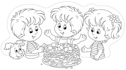 Happy little kids with a merry pup and freshly fried pancakes with sweet berries on a festive table, black and white outline vector cartoon illustration for a coloring book page