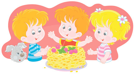 Happy little kids with a merry pup and freshly fried pancakes with sweet berries on a festive table, vector cartoon illustration isolated on a white background