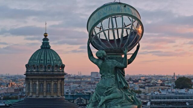 Aerial view of Saint Petersburg city. Dome of zinger house on sunset