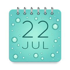 22 day of month. July. Calendar daily icon. Date day week Sunday, Monday, Tuesday, Wednesday, Thursday, Friday, Saturday. Dark Blue text. Cut paper. Water drop dew raindrops. Vector illustration.