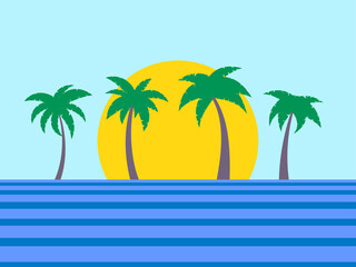 Fototapeta na wymiar Palm trees at sunrise. Summertime, palm trees against the backdrop of the sun. Design of advertising booklets and banners. vector illustration