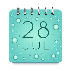 28 day of month. July. Calendar daily icon. Date day week Sunday, Monday, Tuesday, Wednesday, Thursday, Friday, Saturday. Dark Blue text. Cut paper. Water drop dew raindrops. Vector illustration.