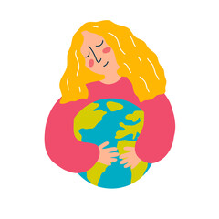 Vector illustration of young woman hugs earth globe in cartoon flat style. The concept of protecting the planet, saving ecology and the environment