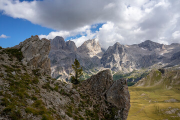 The mountain landscape of the Dolomites with a view of the Marmolada massif.