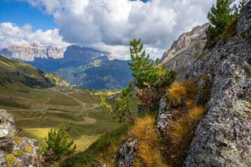Picturesque landscape of the Dolomites. View of Ciampac and Sella Group.