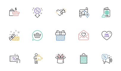 Discounts offer, Shopping cart and Puzzle line icons for website, printing. Collection of Discount coupon, Surprise, Love letter icons. Discount, Love message, Passport warning web elements. Vector