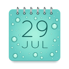 29 day of month. July. Calendar daily icon. Date day week Sunday, Monday, Tuesday, Wednesday, Thursday, Friday, Saturday. Dark Blue text. Cut paper. Water drop dew raindrops. Vector illustration.