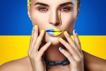 Crying Ukrainian woman with a bloody tears