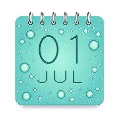01 day of month. July. Calendar daily icon. Date day week Sunday, Monday, Tuesday, Wednesday, Thursday, Friday, Saturday. Dark Blue text. Cut paper. Water drop dew raindrops. Vector illustration.