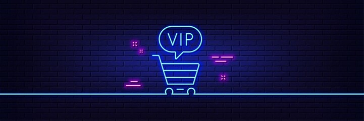 Neon light glow effect. Vip shopping cart line icon. Very important person sign. Member club privilege symbol. 3d line neon glow icon. Brick wall banner. Vip shopping outline. Vector