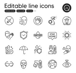 Set of Medical outline icons. Contains icons as Coronavirus spray, Do not touch and Medical mask elements. Dont touch, Hand sanitizer, Eye laser web signs. Difficult stress. Vector
