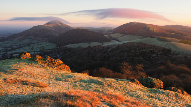 Landscape view of Caer Caradoc, Shropshire, England during sunset
