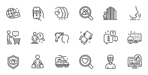 Outline set of Cyber attack, Search employees and Search love line icons for web application. Talk, information, delivery truck outline icon. Vector