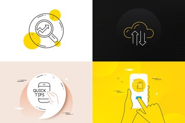 Minimal set of Cloud sync, Clipboard and Analytics line icons. Phone screen, Quote banners. Education icons. For web development. Synchronize storage, Info document, Audit analysis. Quick tips. Vector