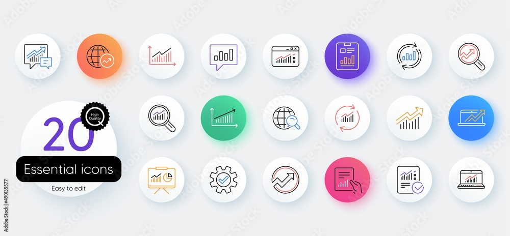 Aufkleber analytics, statistics line icons. bicolor outline web elements. set of chart, report document and gr
