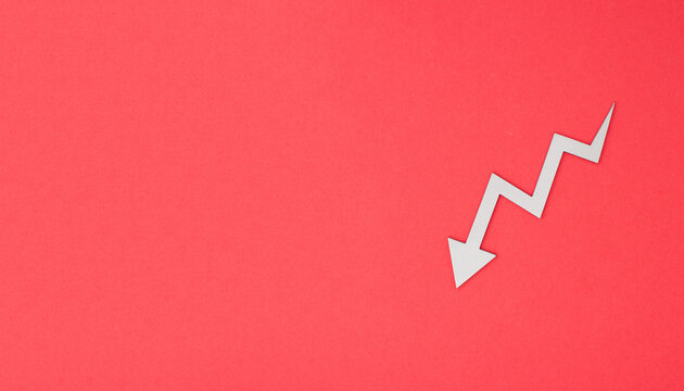 Stock market mock up blank template design idea. Gray decline arrow mockup against pastel pink background. Copy space templates designs for message layout.
