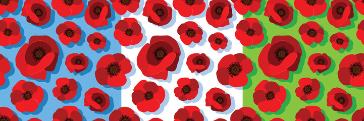 Red poppies. Stylized spring summer seamless pattern. Vector image. 